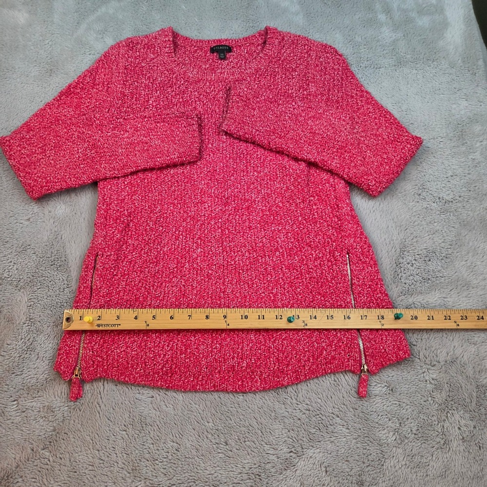 Talbots Sweater Womens XS Side Zip Marled Knit Long Sleeve Crew Neck Pink White